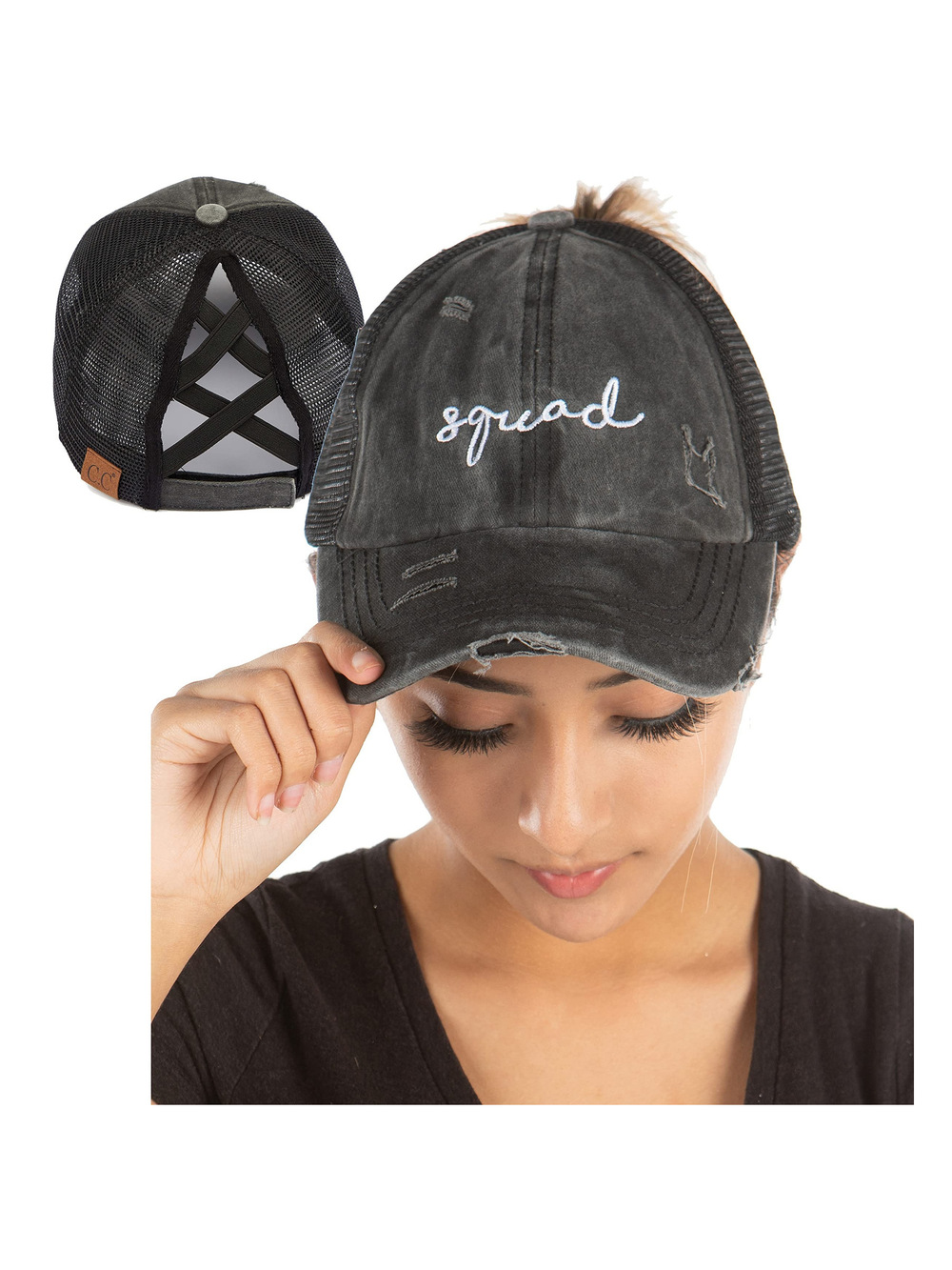 Criss Cross Ponytail Cap, Messy Bun Distressed Baseball Hat | Black | Size OS